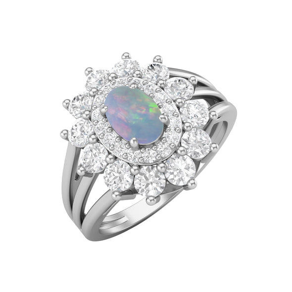925 Sterling Silver Opal Halo Ring Vintage Solitaire Shank Wedding Ring