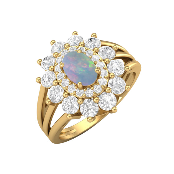 925 Sterling Silver Opal Halo Ring Vintage Solitaire Shank Wedding Ring