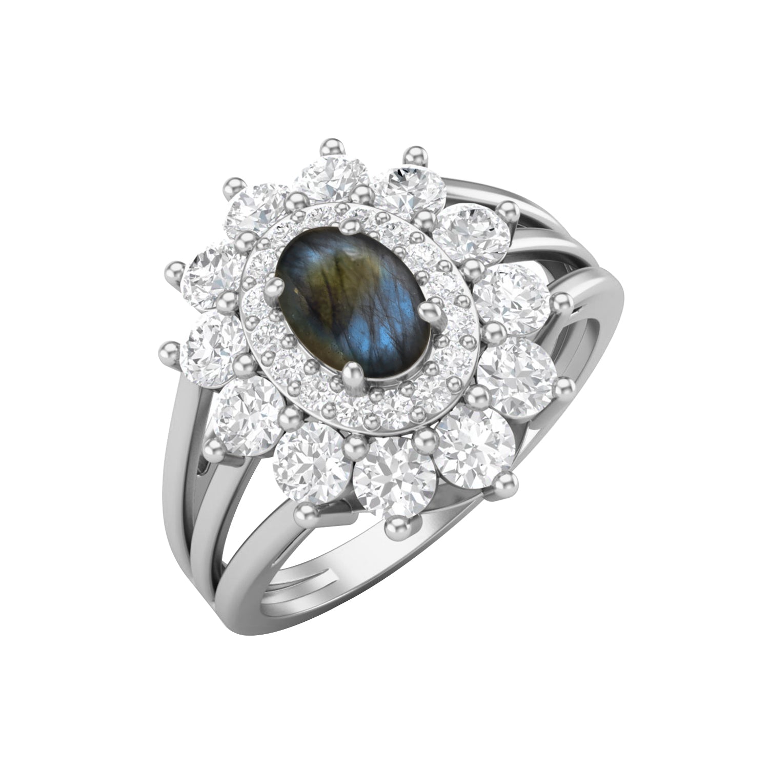 Labradorite Floral Halo Ring - Sterling Silver