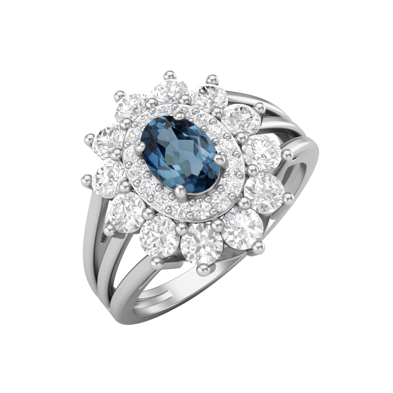 London Blue Topaz Floral Halo Split Shank Ring – Sterling Silver