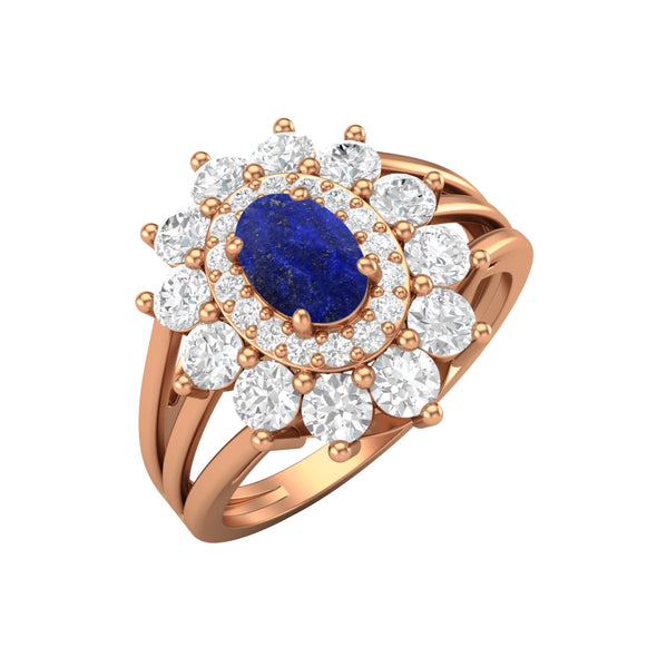 925 Sterling Silver Lapis Lazuli Engagement Ring Art Deco Halo Bridal Ring