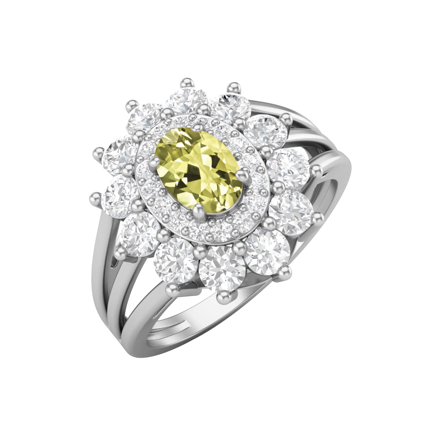 Lemon Quartz Floral Halo Ring - Sterling Silver