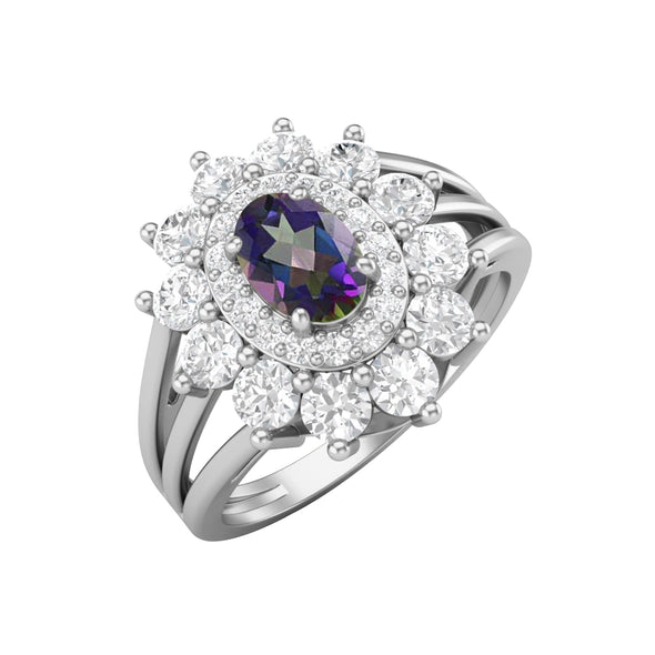 Oval Shaped Mystic Topaz Halo Engagement Ring 925 Silver Solitaire Ring