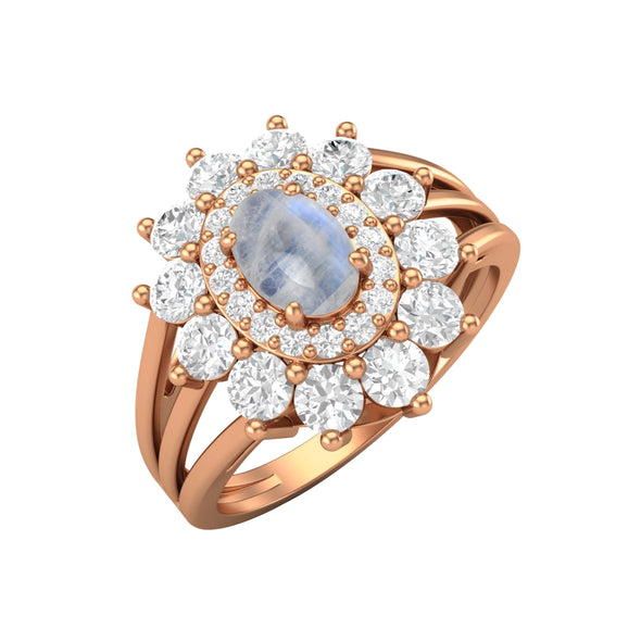 Rainbow Moonstone Halo Wedding Ring 925 Sterling Silver Solitaire Ring