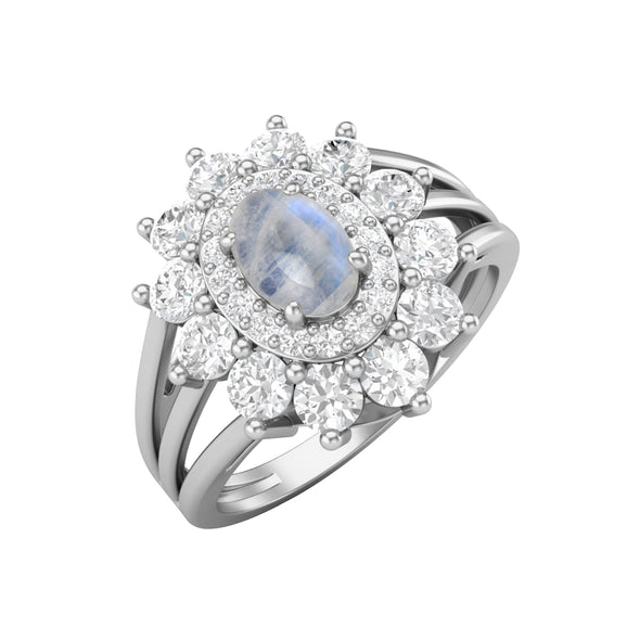 Rainbow Moonstone Halo Wedding Ring 925 Sterling Silver Solitaire Ring