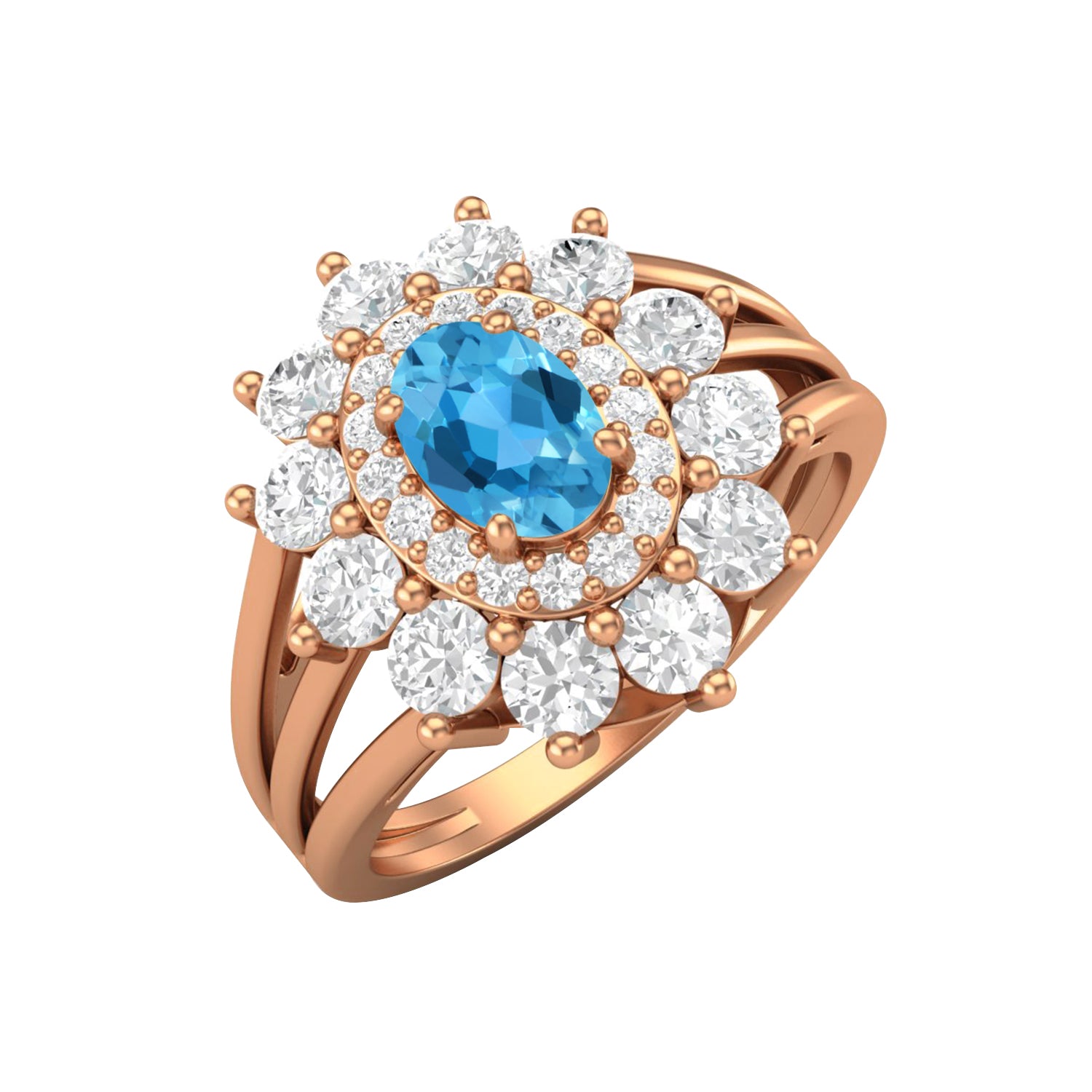 Swiss Blue Topaz Floral Halo Ring - Sterling Silver