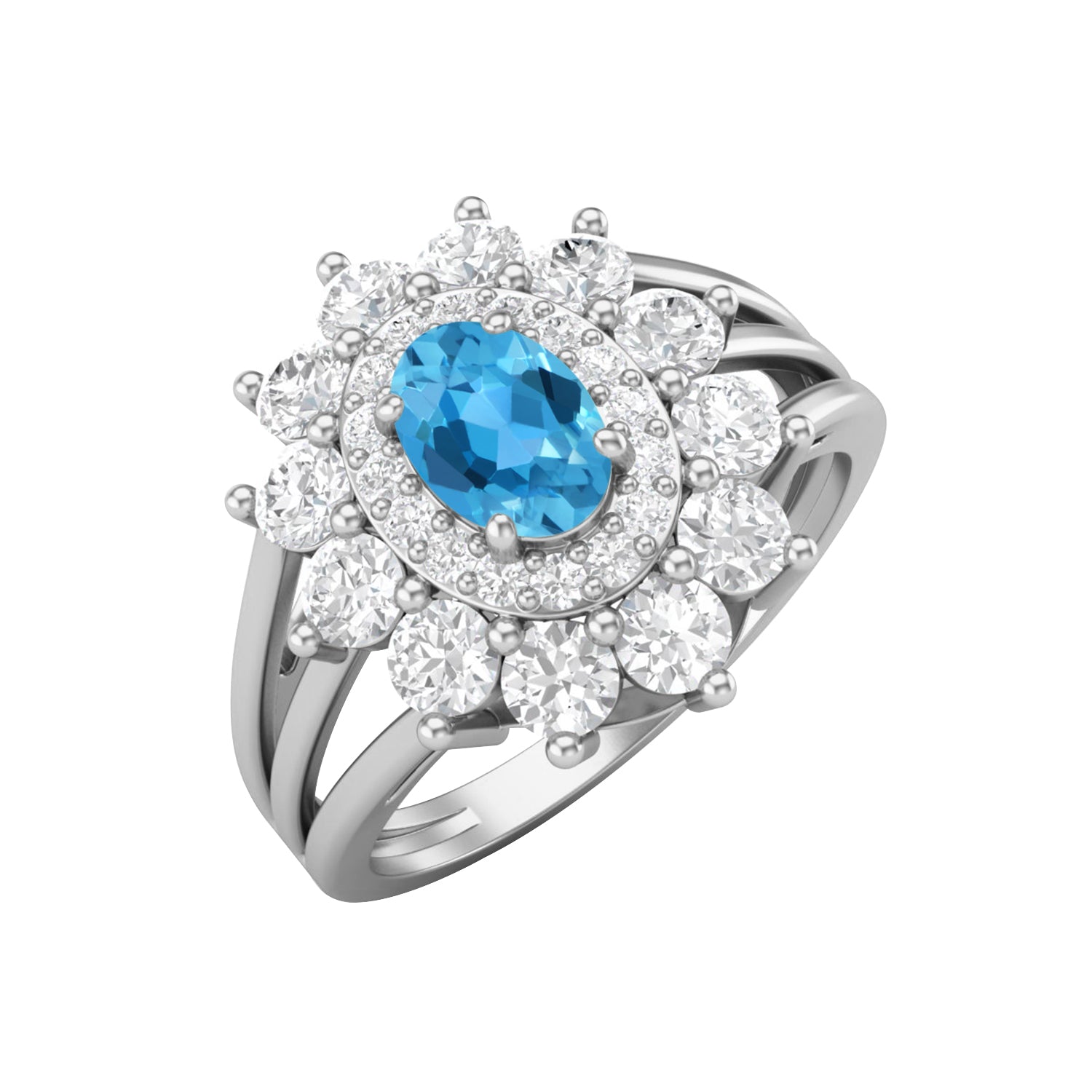 Swiss Blue Topaz Floral Halo Ring - Sterling Silver