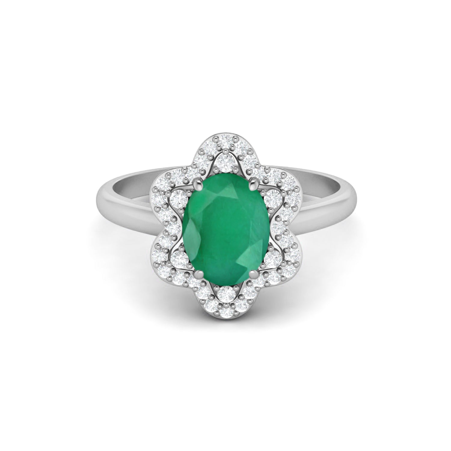 Emerald Floral Diamond Halo Design Ring – Sterling Silver