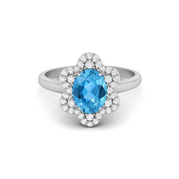 Oval Shaped Swiss Blue Topaz Engagement Ring 925 Silver Shank ring