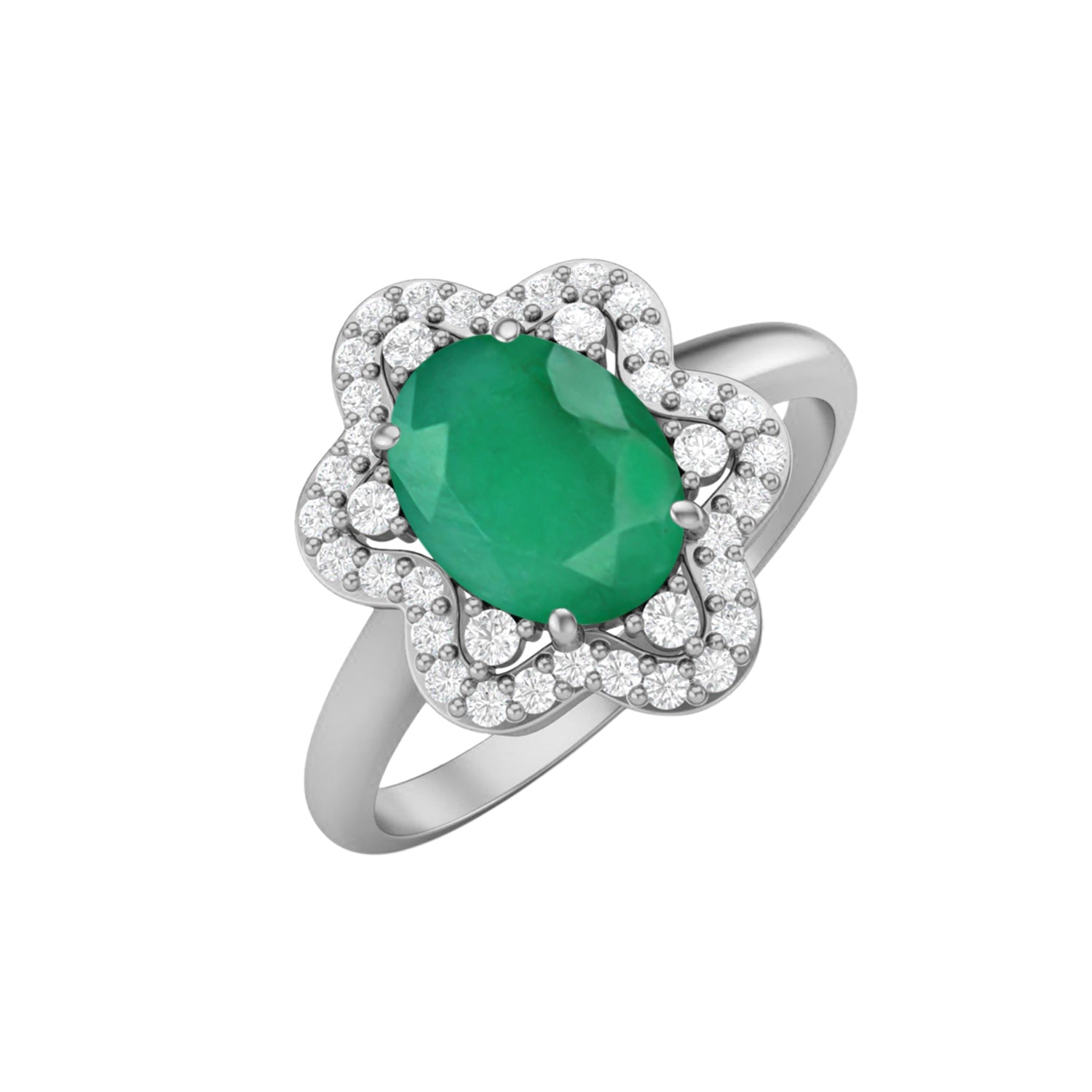 Emerald Floral Diamond Halo Design Ring – Sterling Silver