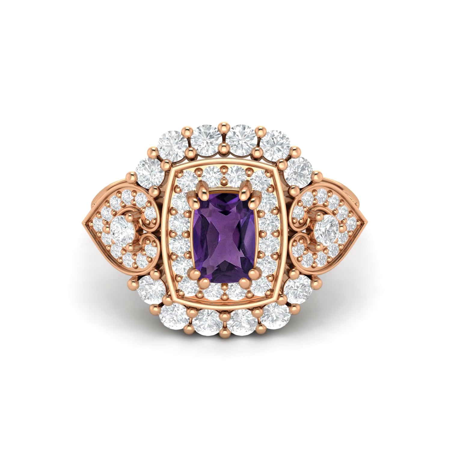 Amethyst Vintage Halo Scroll Design Ring – Sterling Silver