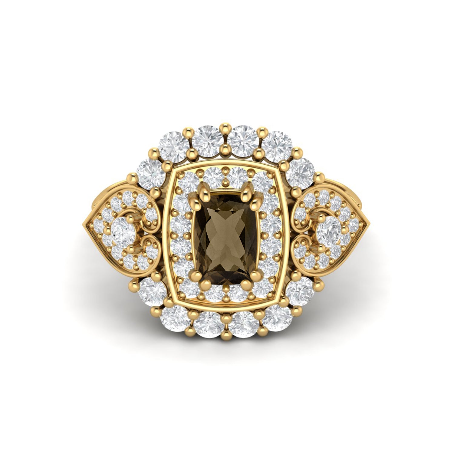 Smoky Quartz Cushion Halo Statement Ring - Sterling Silver