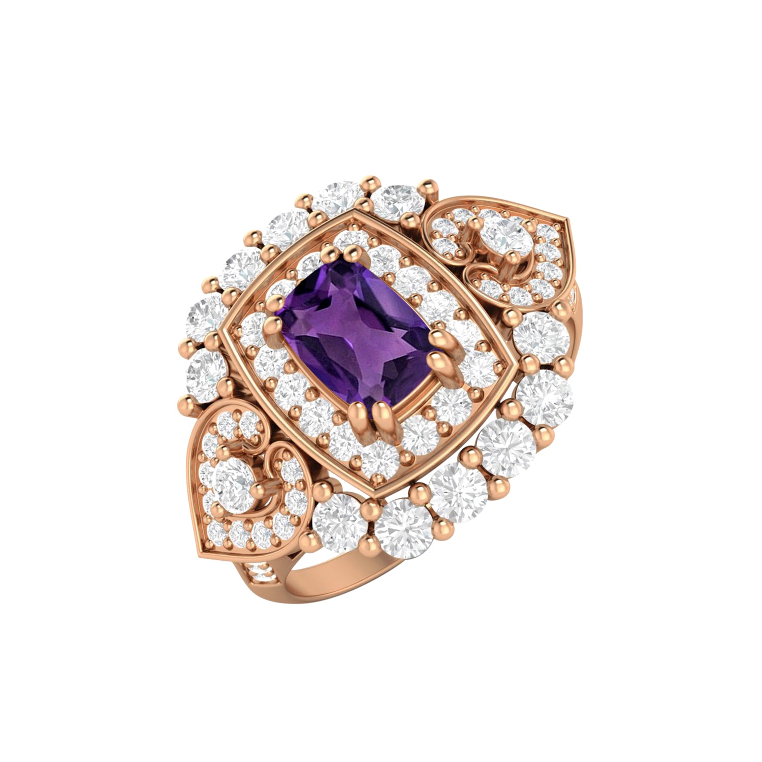 Amethyst Vintage Halo Scroll Design Ring – Sterling Silver