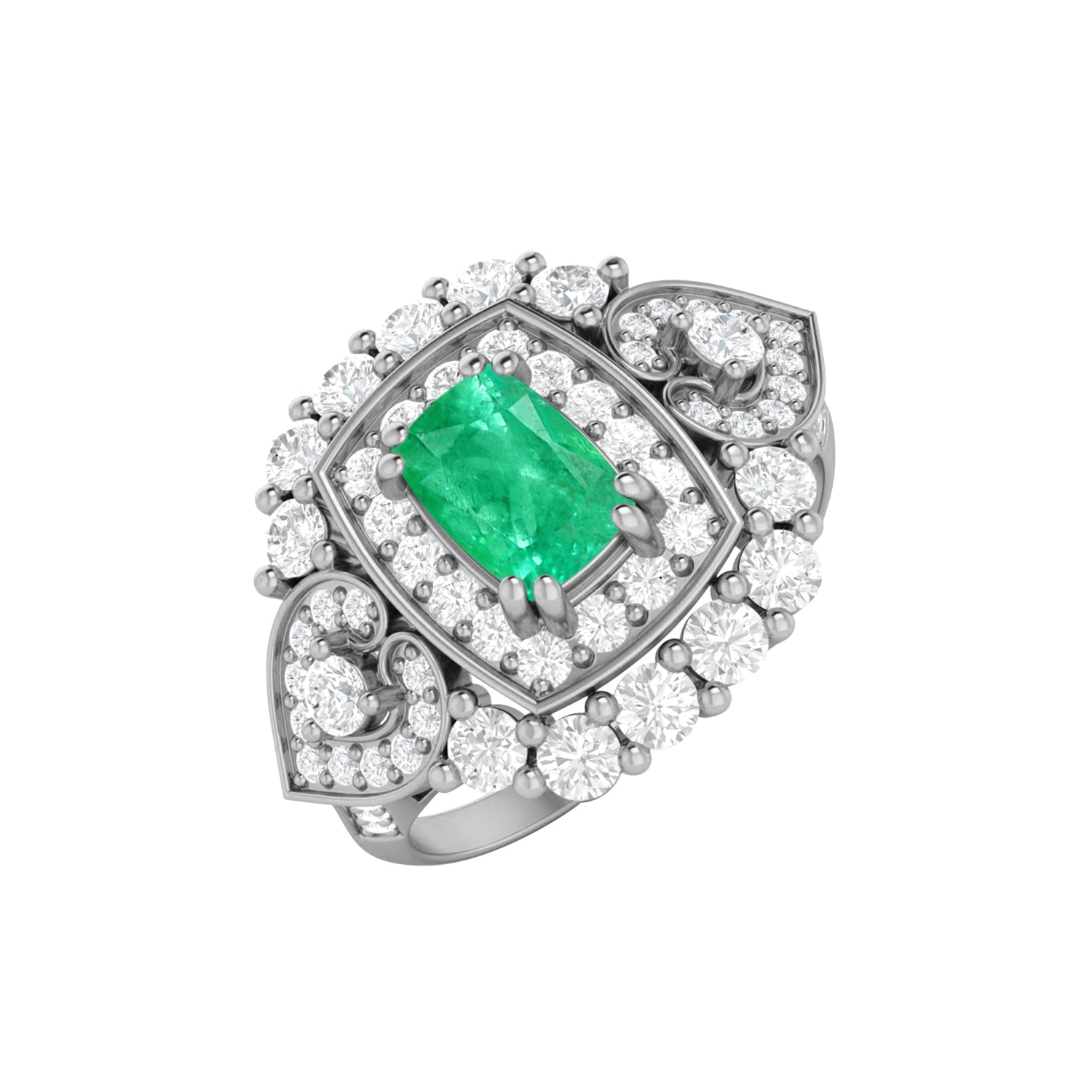 Emerald Cushion Cut Halo Ring - Sterling Silver