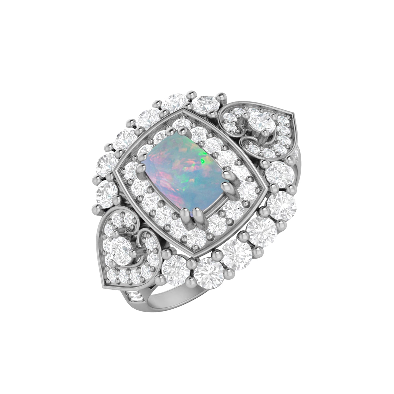Opal Cushion Halo Statement Ring - Sterling Silver
