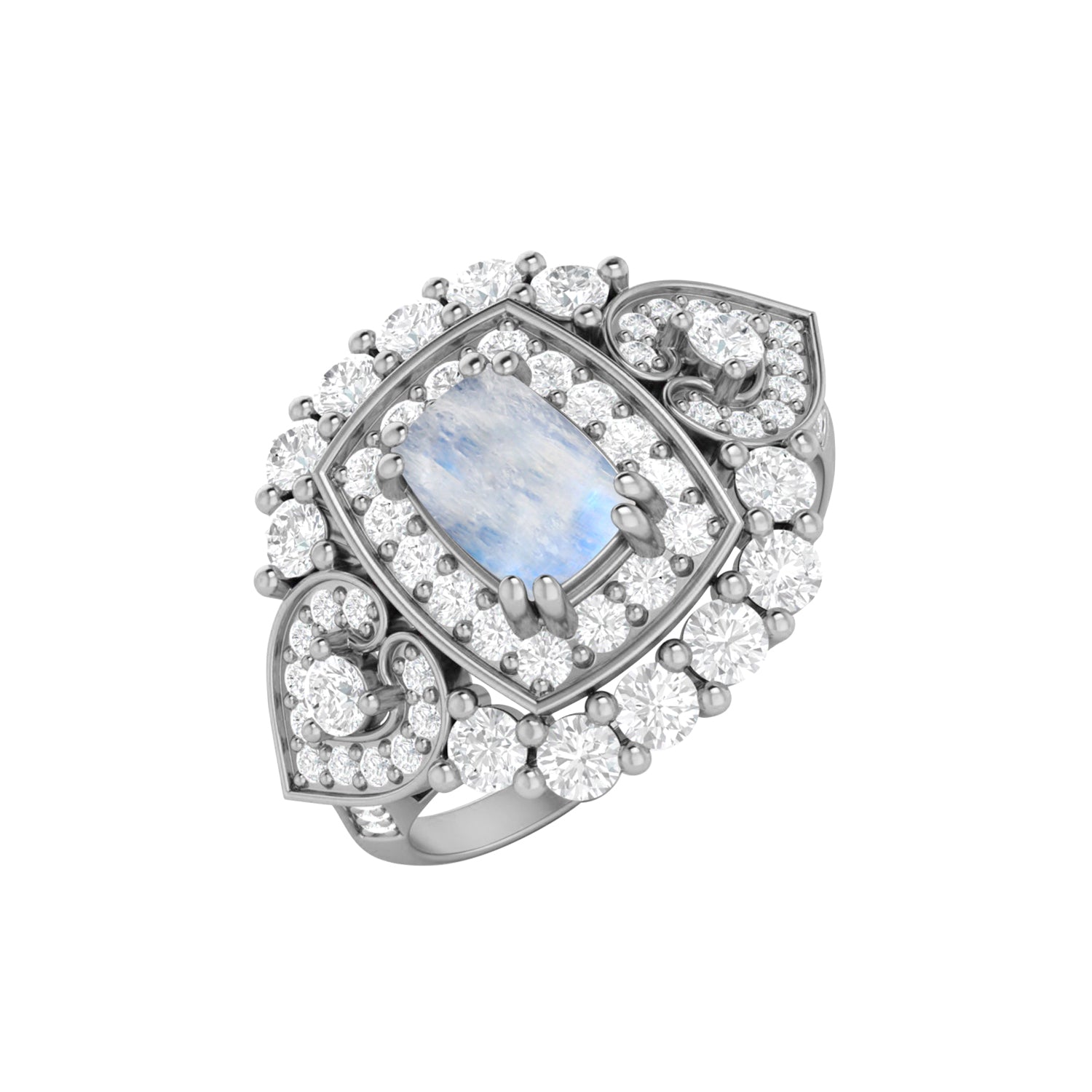 Moonstone Cushion Halo Statement Ring - Sterling Silver