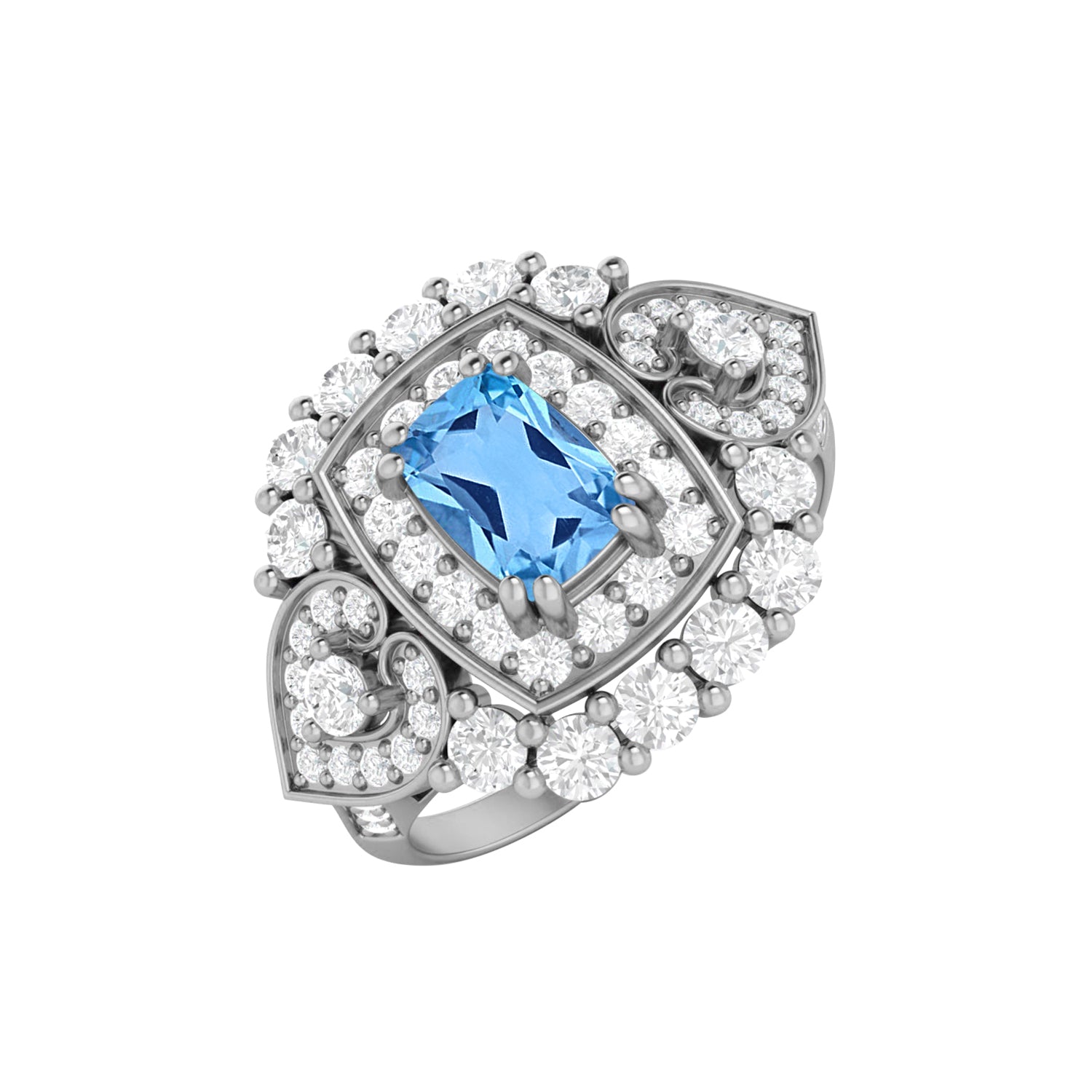 Swiss Blue Topaz Cushion Halo Statement Ring - Sterling Silver