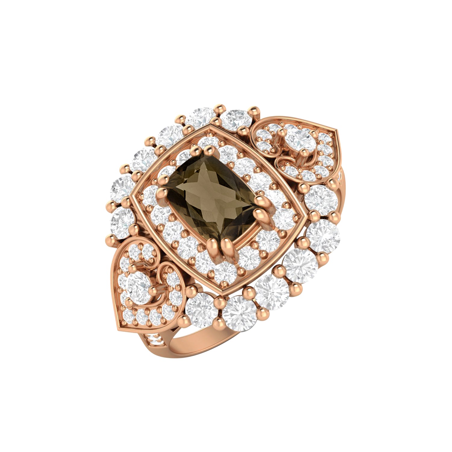Smoky Quartz Cushion Halo Statement Ring - Sterling Silver