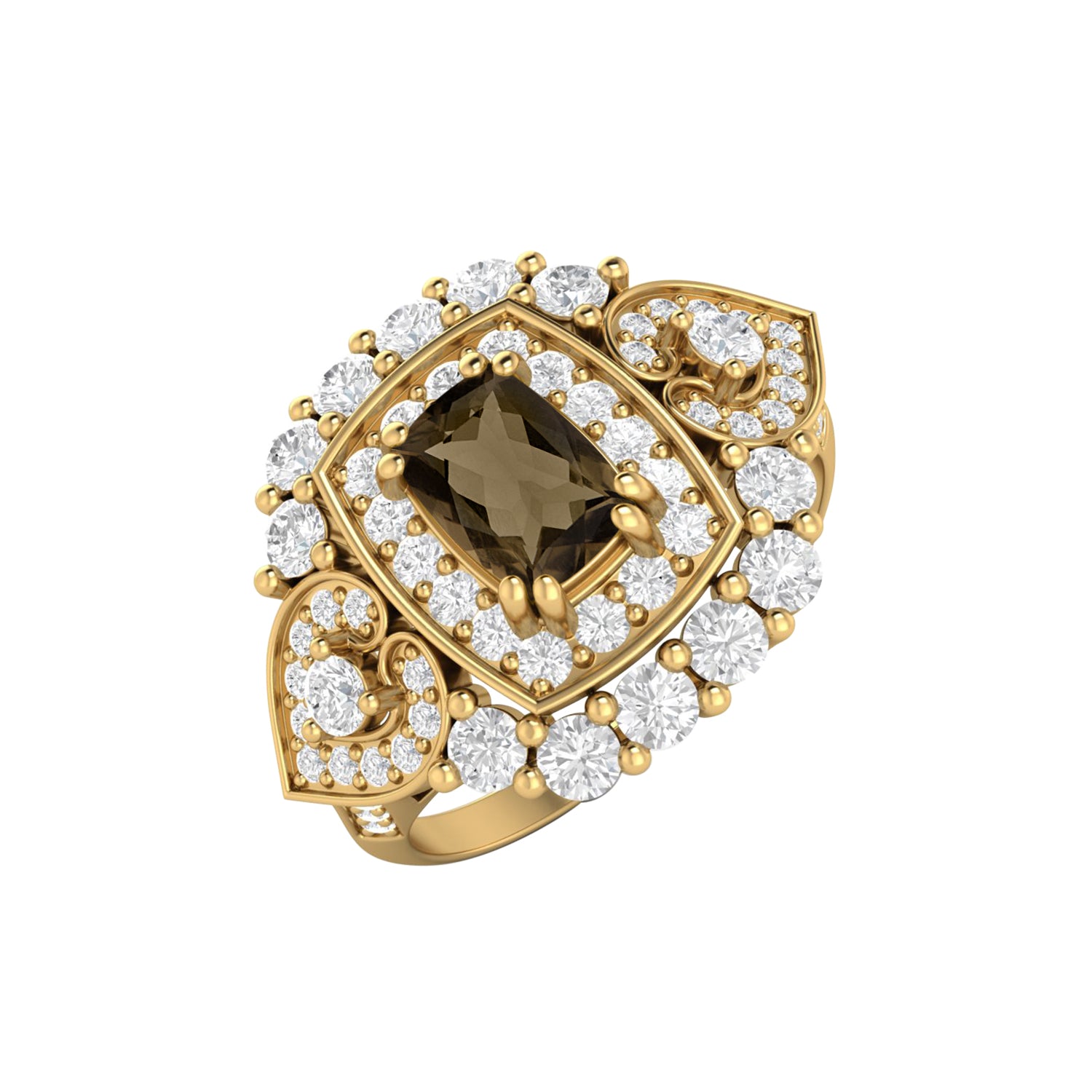 Smoky Quartz Cushion Halo Statement Ring - Sterling Silver