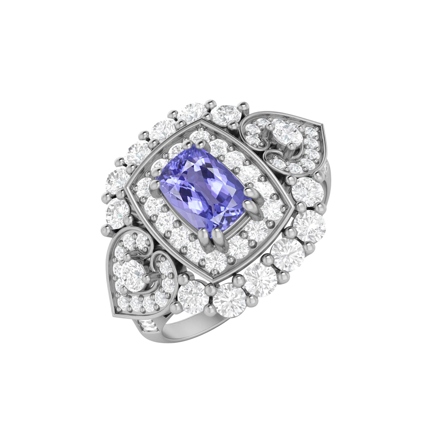 Tanzanite Cushion Halo Statement Ring - Sterling Silver