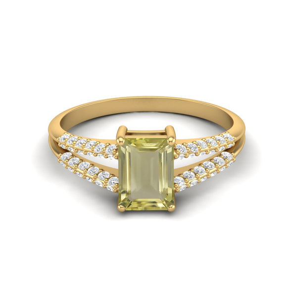 Emerald Shaped Lemon Quartz Wedding Ring Women Green Stone Ring