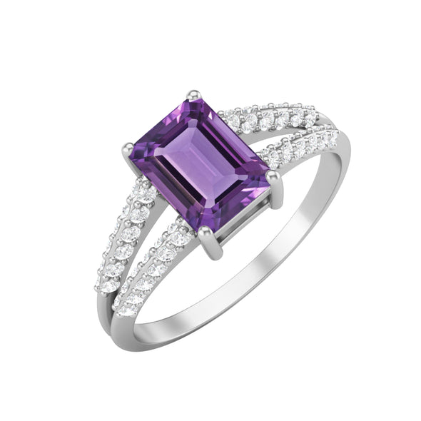925 Sterling Silver Amethyst Engagement Ring Emerald Shaped Ring