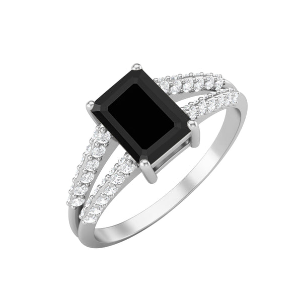 Emerald Shaped Black Spinel Engagement Ring 925 Sterling Silver Ring