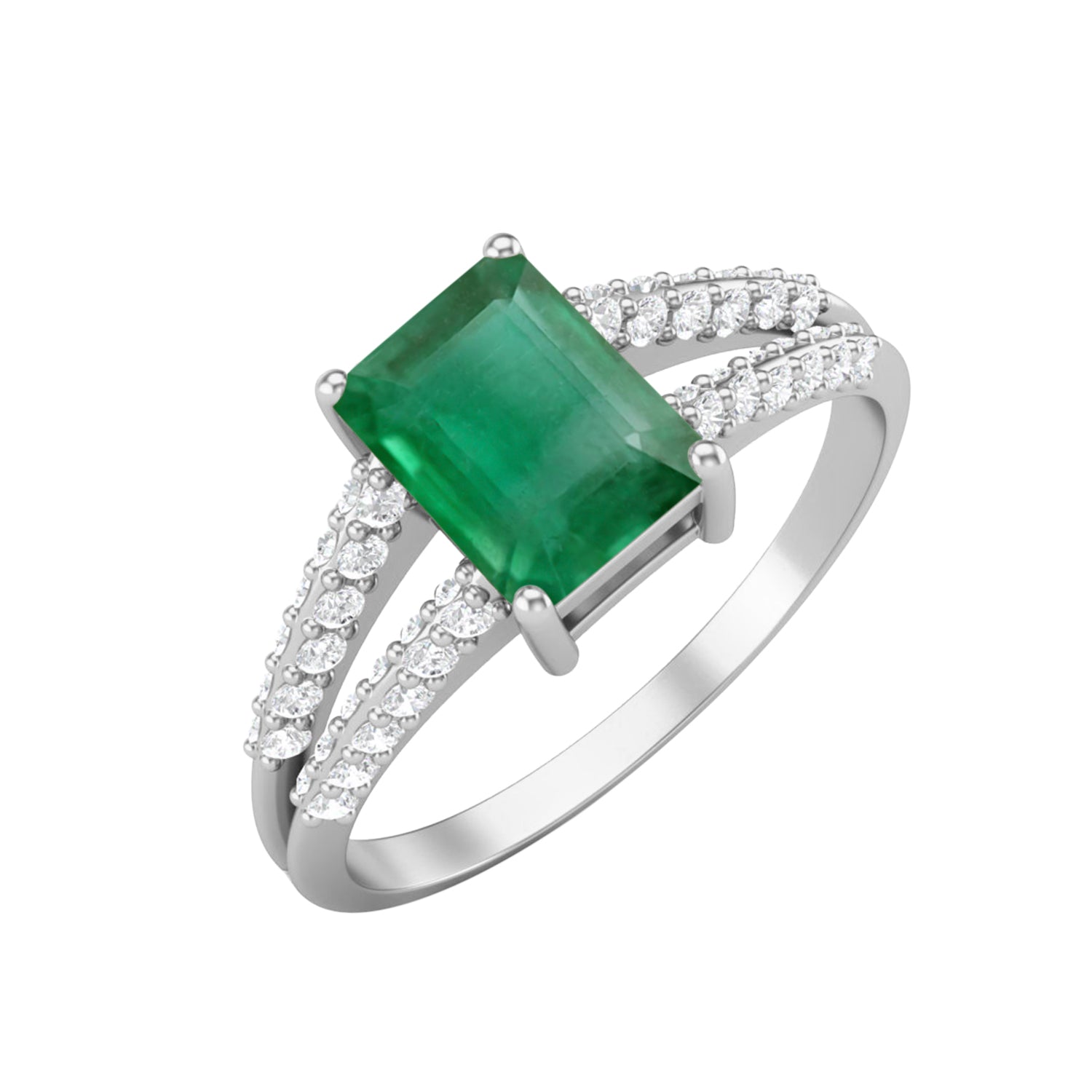Emerald Split Shank Engagement Ring – Sterling Silver