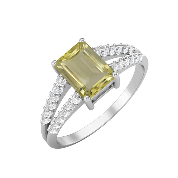 Emerald Shaped Lemon Quartz Wedding Ring Women Green Stone Ring