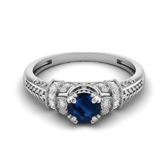 Round Shaped Blue Sapphire Engagement Ring Unique Bridal Promise Ring