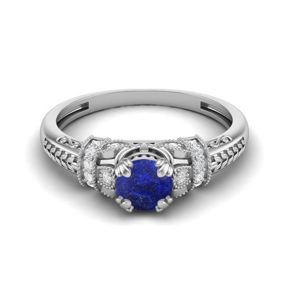 Art Deco Round Shaped Lapis Lazuli Engagement Ring 925 Silver Bridal Ring