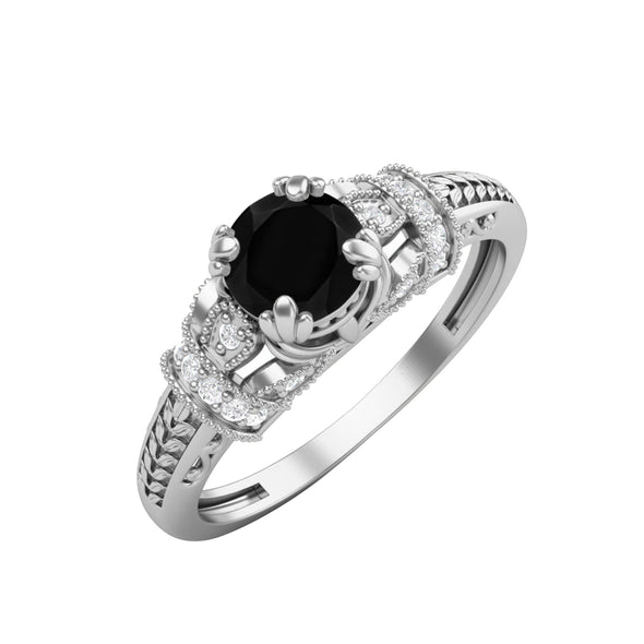Vintage Black Spinel Wedding Ring Round Shaped Stone Ring For Women