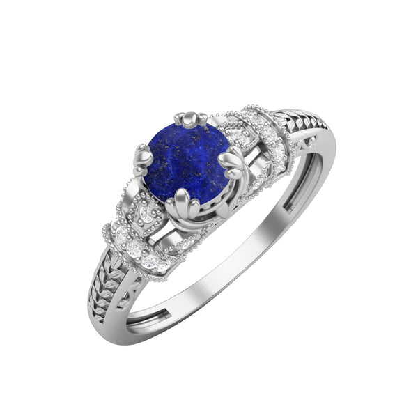 Art Deco Round Shaped Lapis Lazuli Engagement Ring 925 Silver Bridal Ring