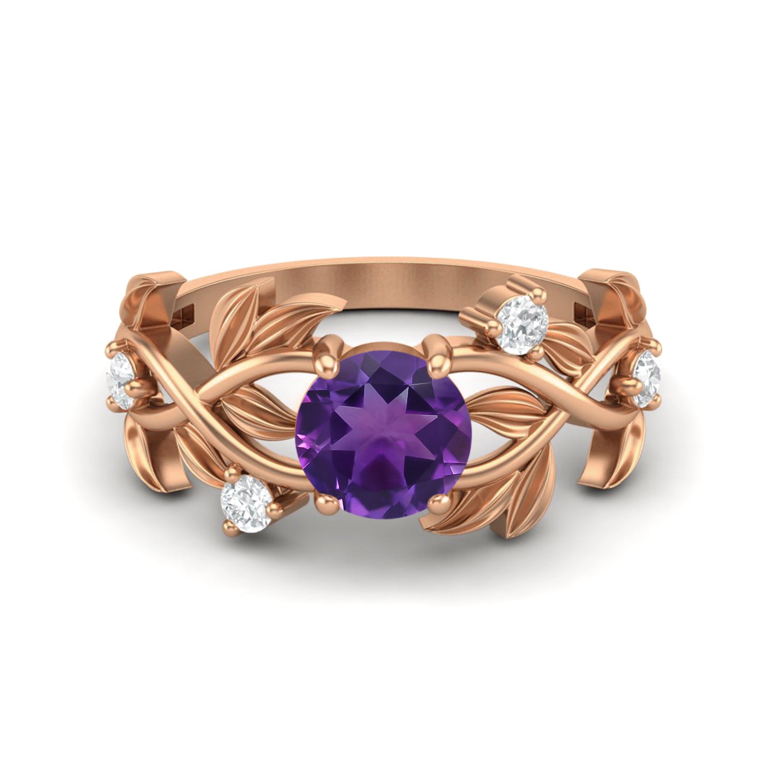 Amethyst Leaf-Inspired Solitaire Ring - Sterling Silver