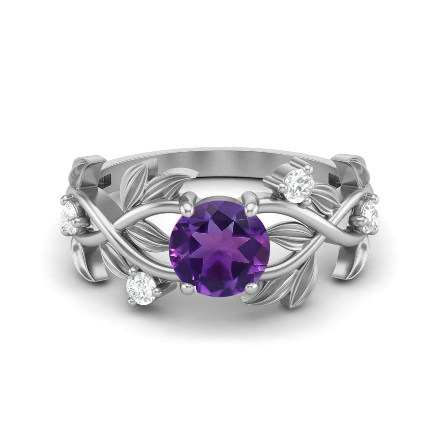 Amethyst Leaf-Inspired Solitaire Ring - Sterling Silver