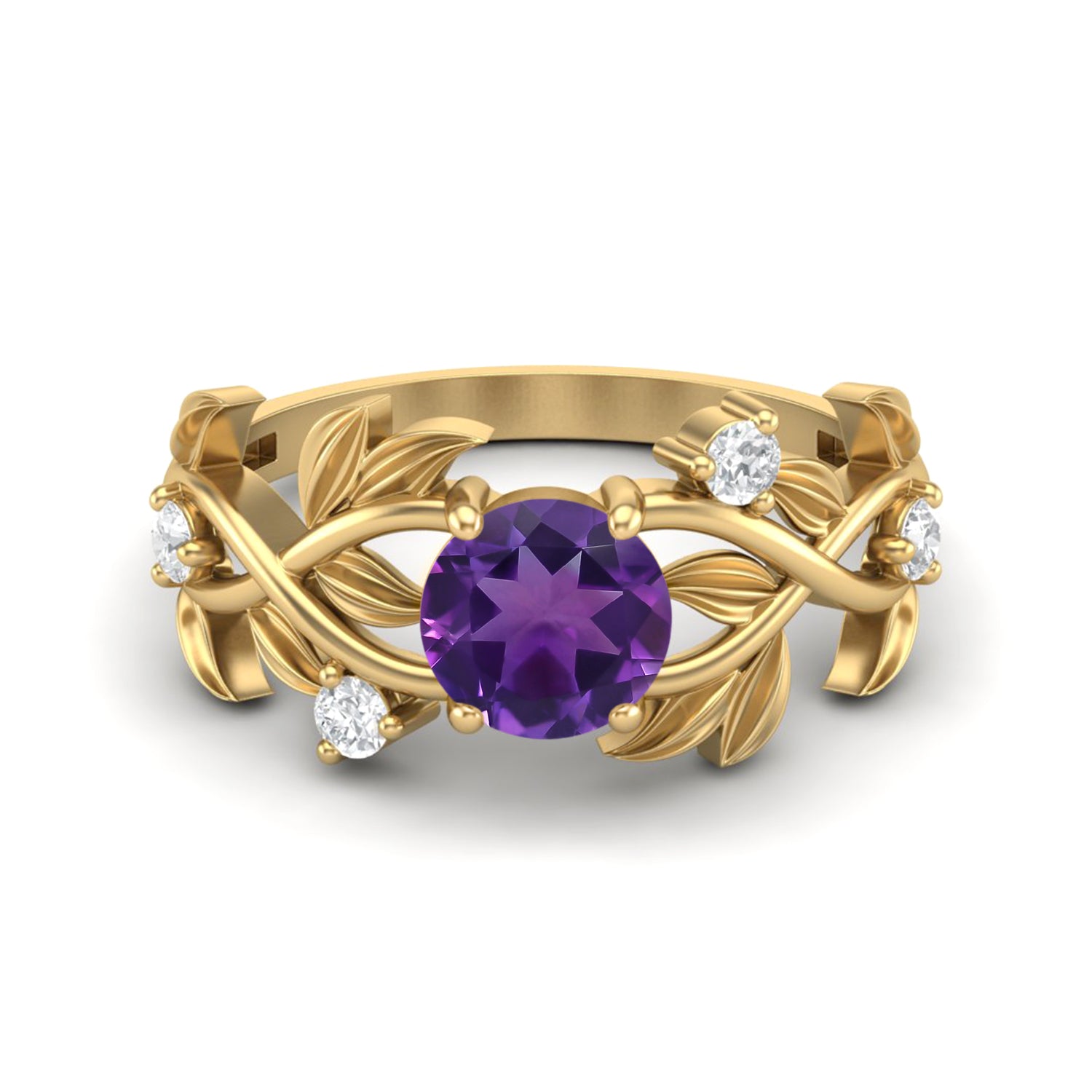 Amethyst Leaf-Inspired Solitaire Ring - Sterling Silver