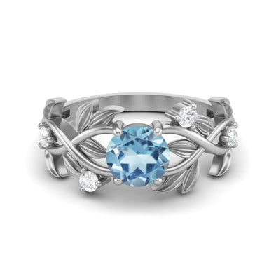 Round Shaped Leaf Style Blue Topaz Engagement Ring 925 Sterling Silver Bridal Ring