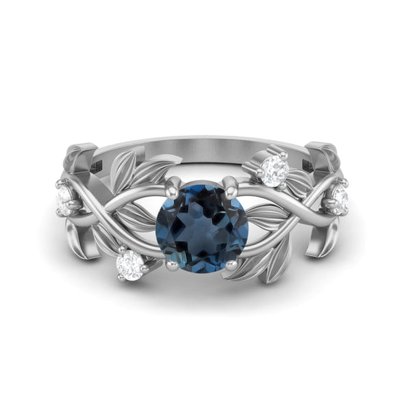 925 Sterling Silver London Blue Topaz Antique Leaf Style Wedding Ring