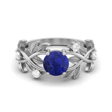 Natural Lapis Lazuli Engagement Ring Vintage Leaf Style Wedding Bridal Ring