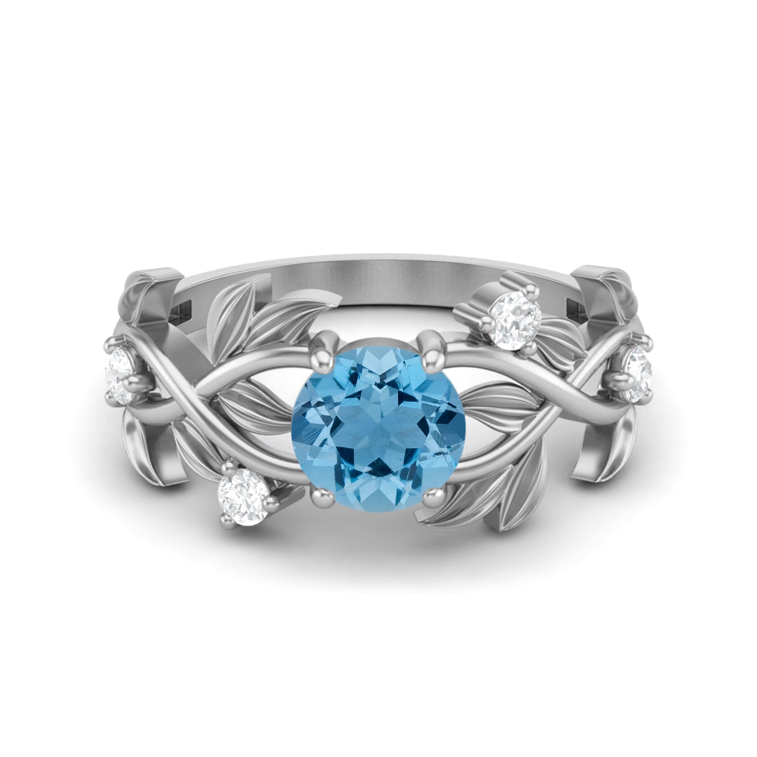Swiss Blue Topaz Leaf-Inspired Solitaire Ring - Sterling Silver