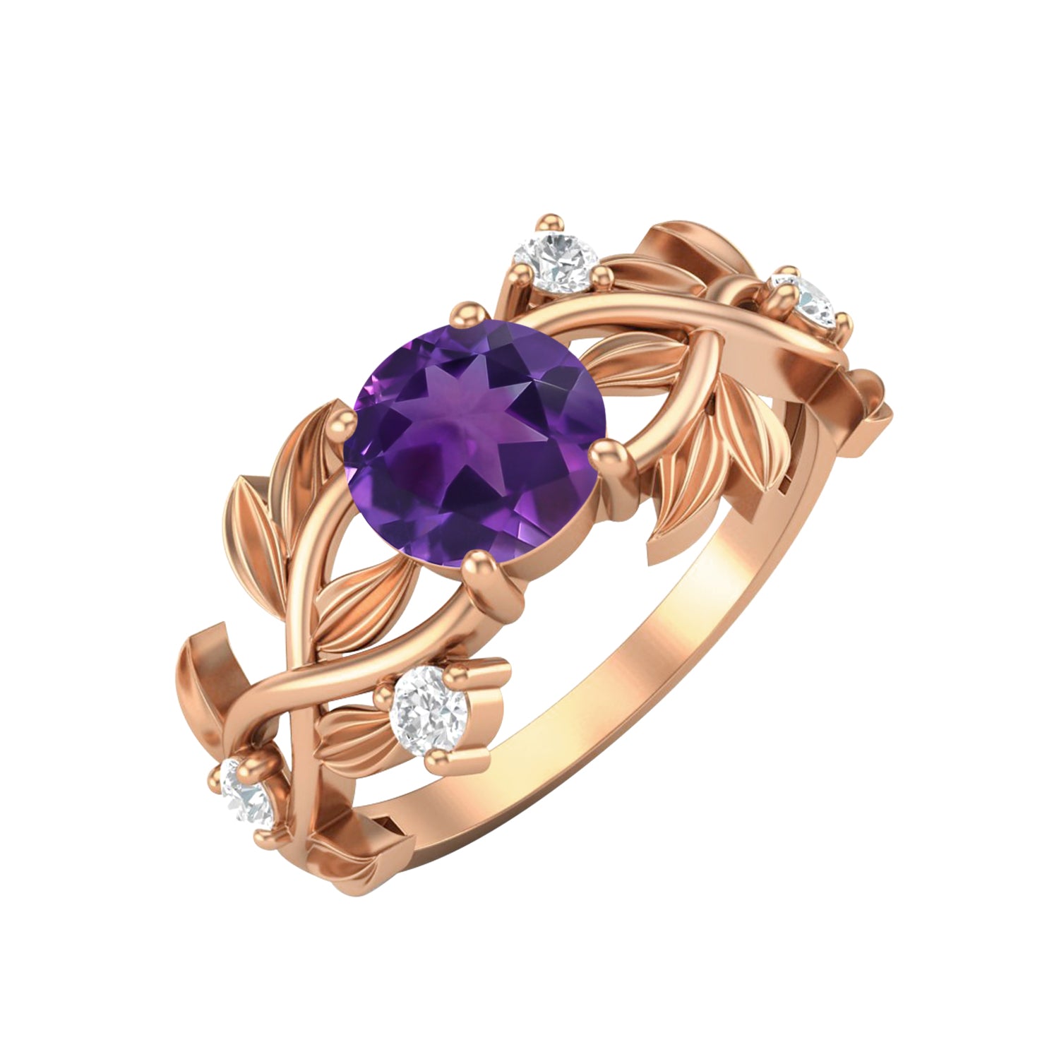 Amethyst Leaf-Inspired Solitaire Ring - Sterling Silver