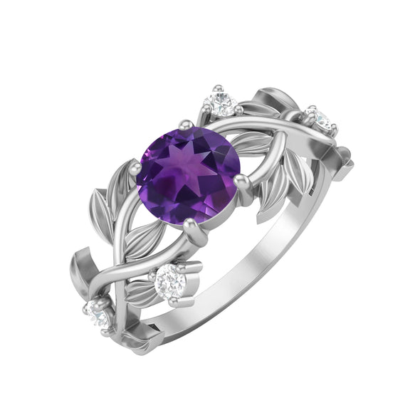 Natural Purple Amethyst Wedding Ring Art Deco Leaf Style Engagement Ring