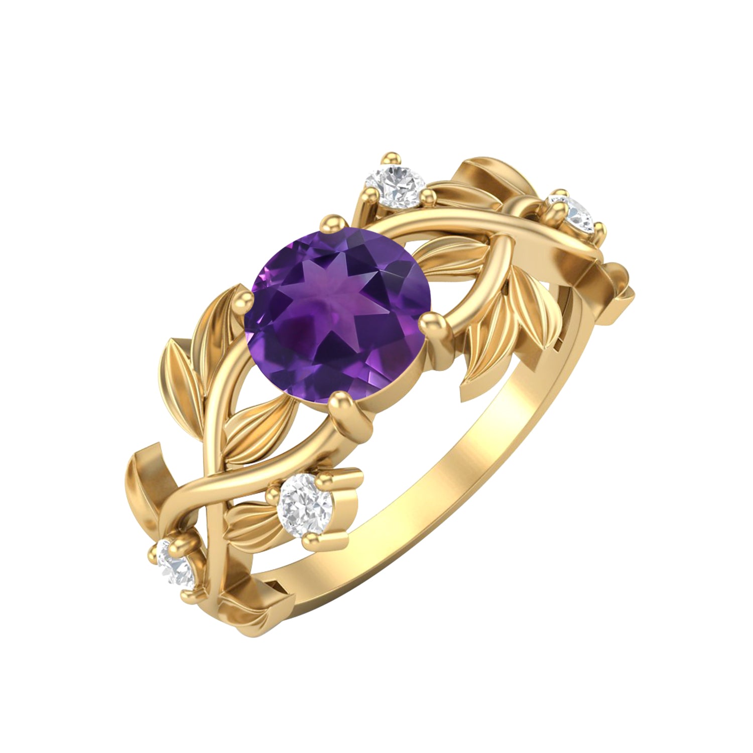 Amethyst Leaf-Inspired Solitaire Ring - Sterling Silver