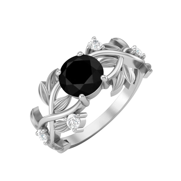 Art Deco Leaf Style Black Spinel Engagement Ring Vintage Bridal Ring