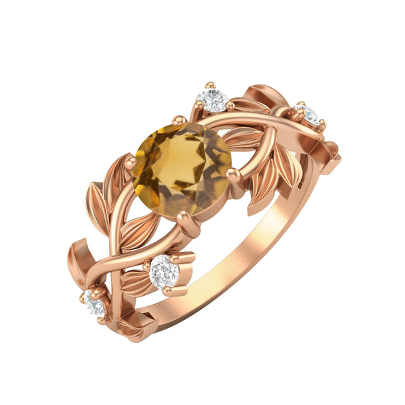 925 Sterling Silver Citrine Wedding Ring Art Deco Leaf Style Bridal Ring