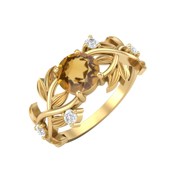 925 Sterling Silver Citrine Wedding Ring Art Deco Leaf Style Bridal Ring