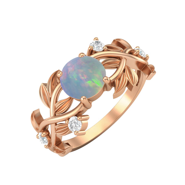 925 Sterling Silver Opal Wedding Ring Round Shaped Leaf Style Bridal Ring