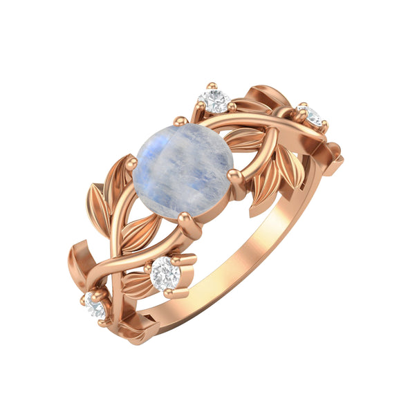 925 Sterling Silver Moonstone Wedding Ring Vintage Leaf Style Bridal Ring