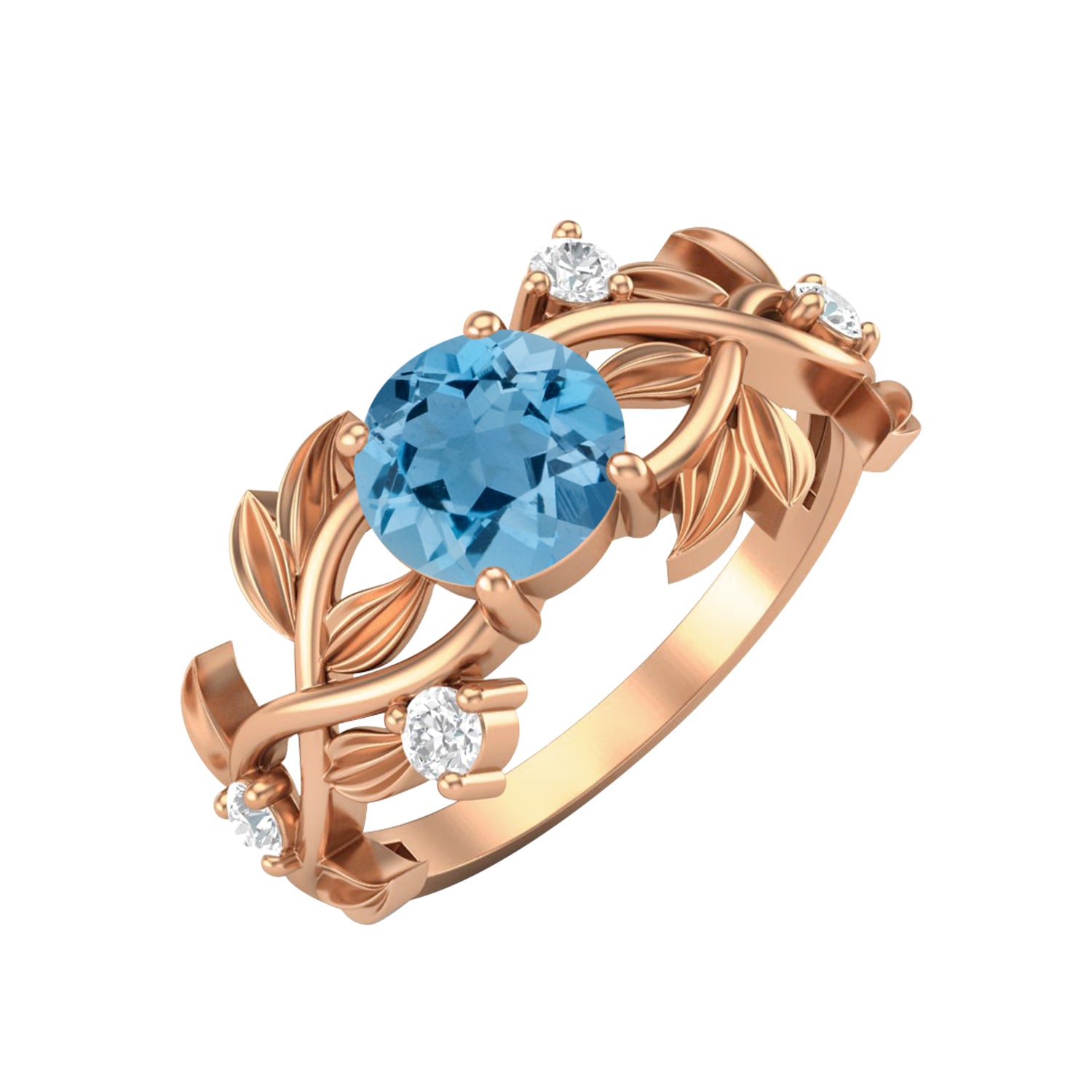 Swiss Blue Topaz Leaf-Inspired Solitaire Ring - Sterling Silver