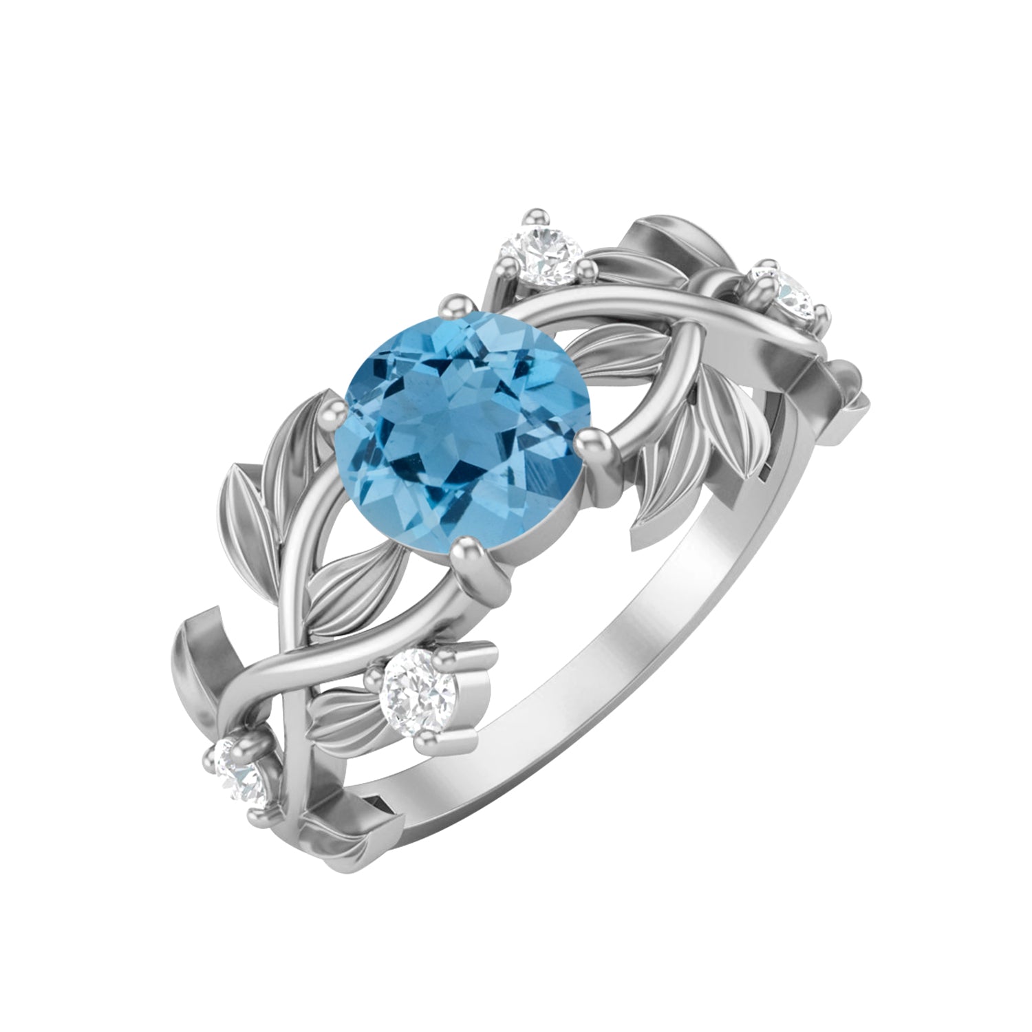 Swiss Blue Topaz Leaf-Inspired Solitaire Ring - Sterling Silver